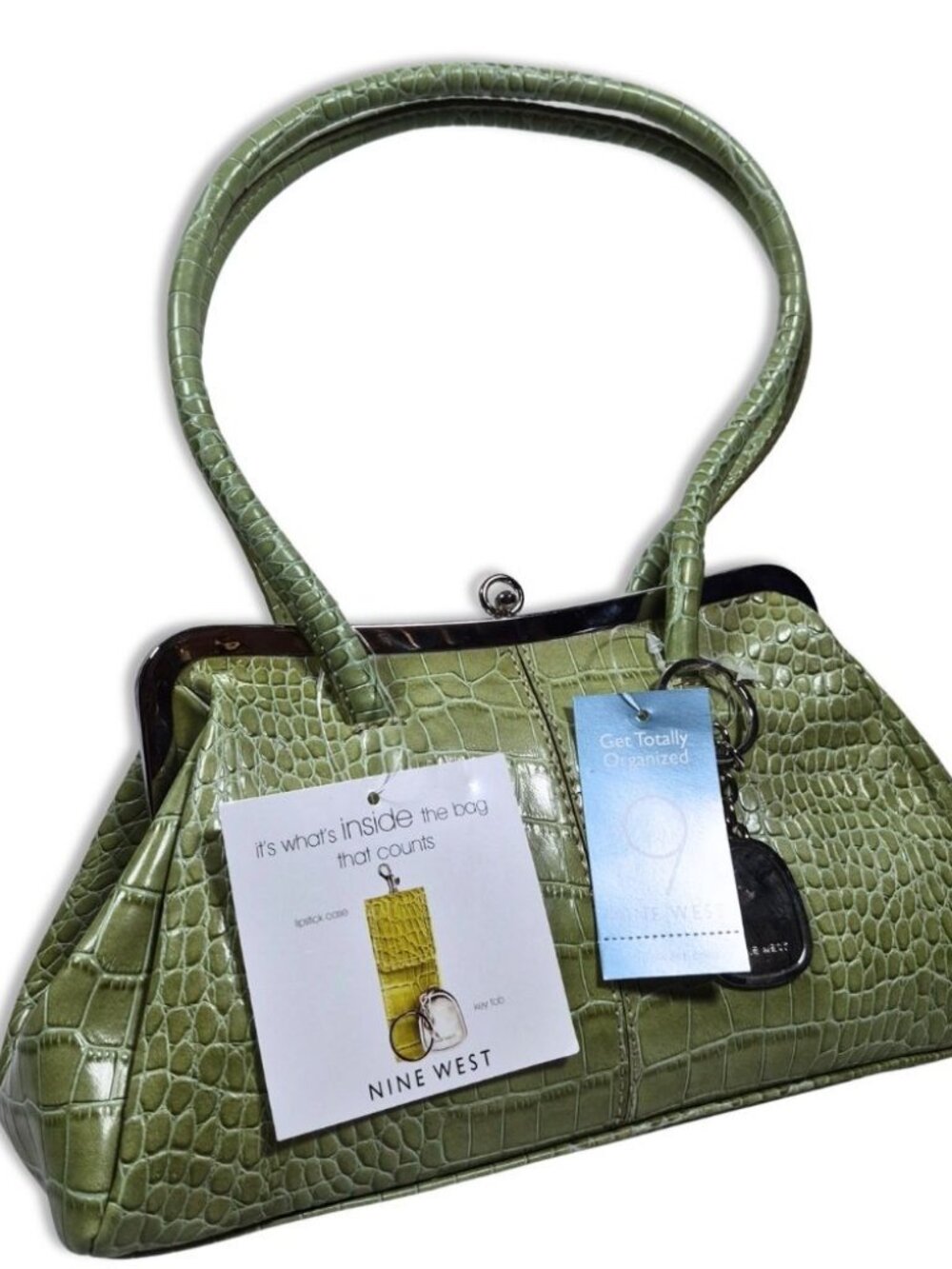 Green Apple Faux Croc Shoulder Bag – Everyday Purse with Built‑In Mirror